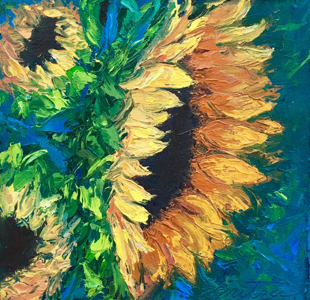 Golden Sunflowers, 8x8", Oil on Canvas Panel